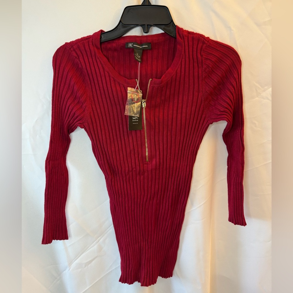 INC Red Ribbed shirt with Zipper